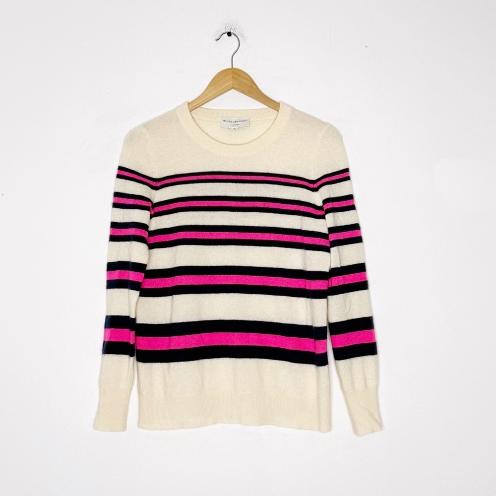 White + Warren Essentials Cashmere Sweater Cream Pink Navy Striped Size Medium